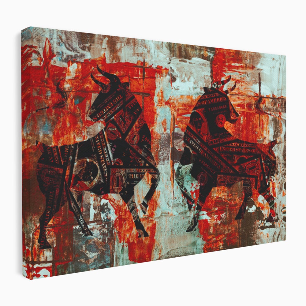 Tablou canvas cu tablou canvas cu tauri din bancnote, fara rama, pe sasiu de lemn